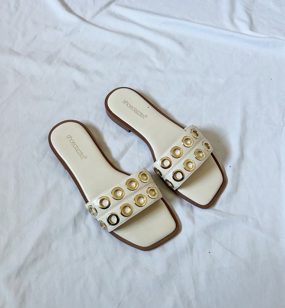 off white gold detail slip on sandals